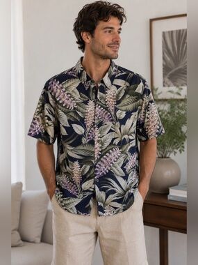 Handmade Classic Navy Floral Short-Sleeve Button-Up Shirt Size XL Festival